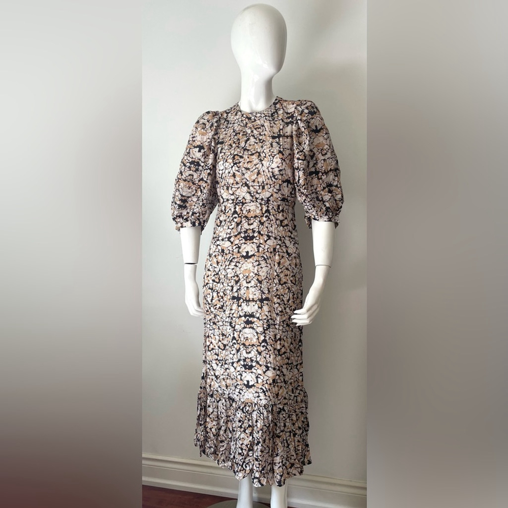 Sea new york Black and Cream Floral Midi Borealis Puff Sleeve silk cotton blend - Picture 3 of 13